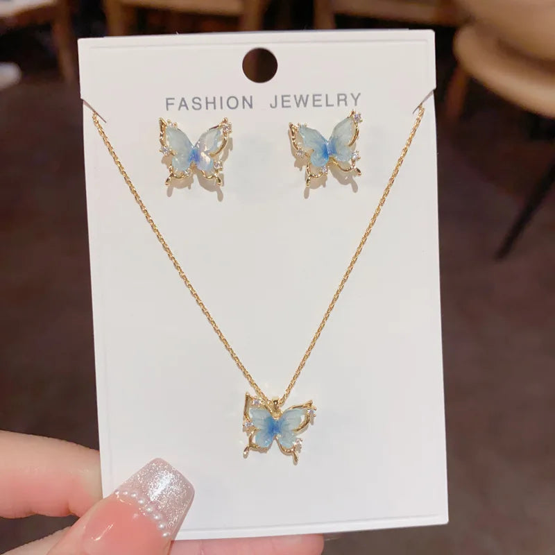 Luxurious Fashion Blue Butterfly Necklace and Earrings Set with Zircon Classic Real Gold Plated Jewelry Set for Women