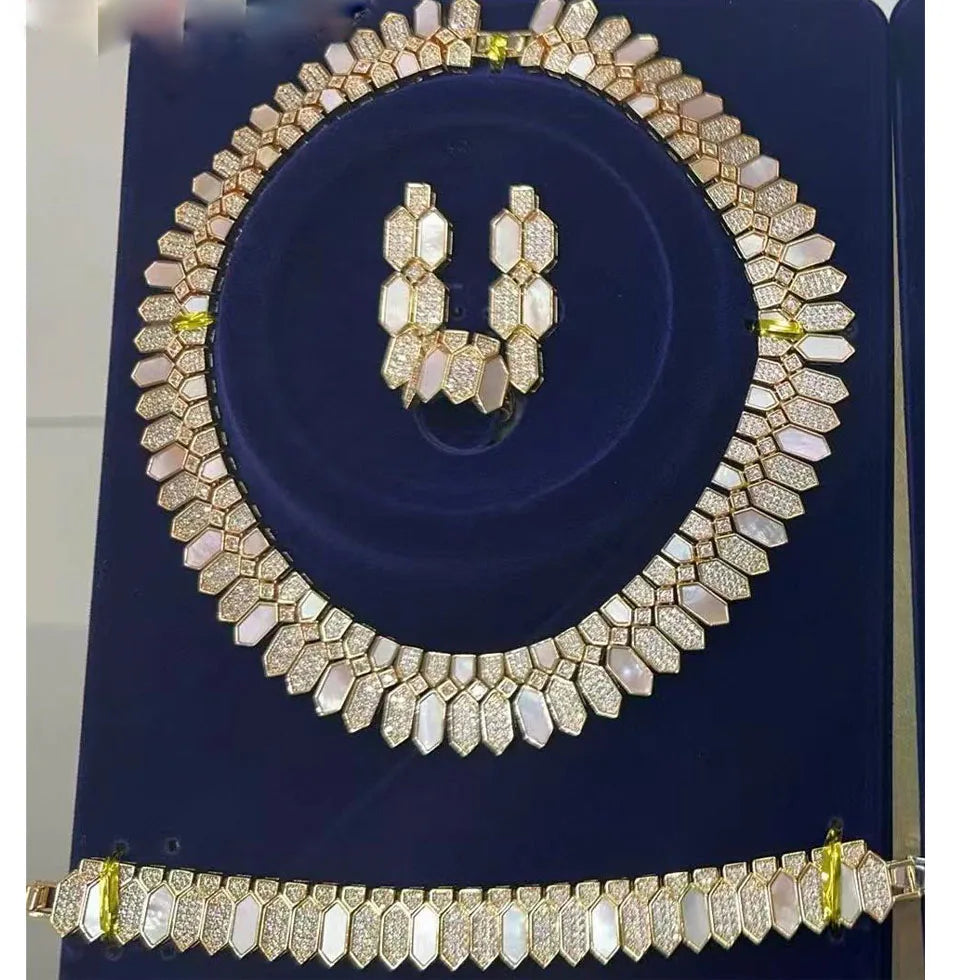 Middle Eastern Luxury Gold Jewelry Set with White Shell Black Agate Cubic Zirconia Chocker Necklace Earring Ring Bracelet Sets