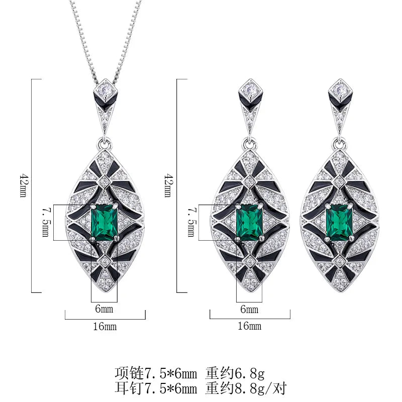 Gemfiori Vintage Charm Pendant Earring Set with Leaf Charm and High End Jewelry Inlaid with Square Zircon Jewelry
