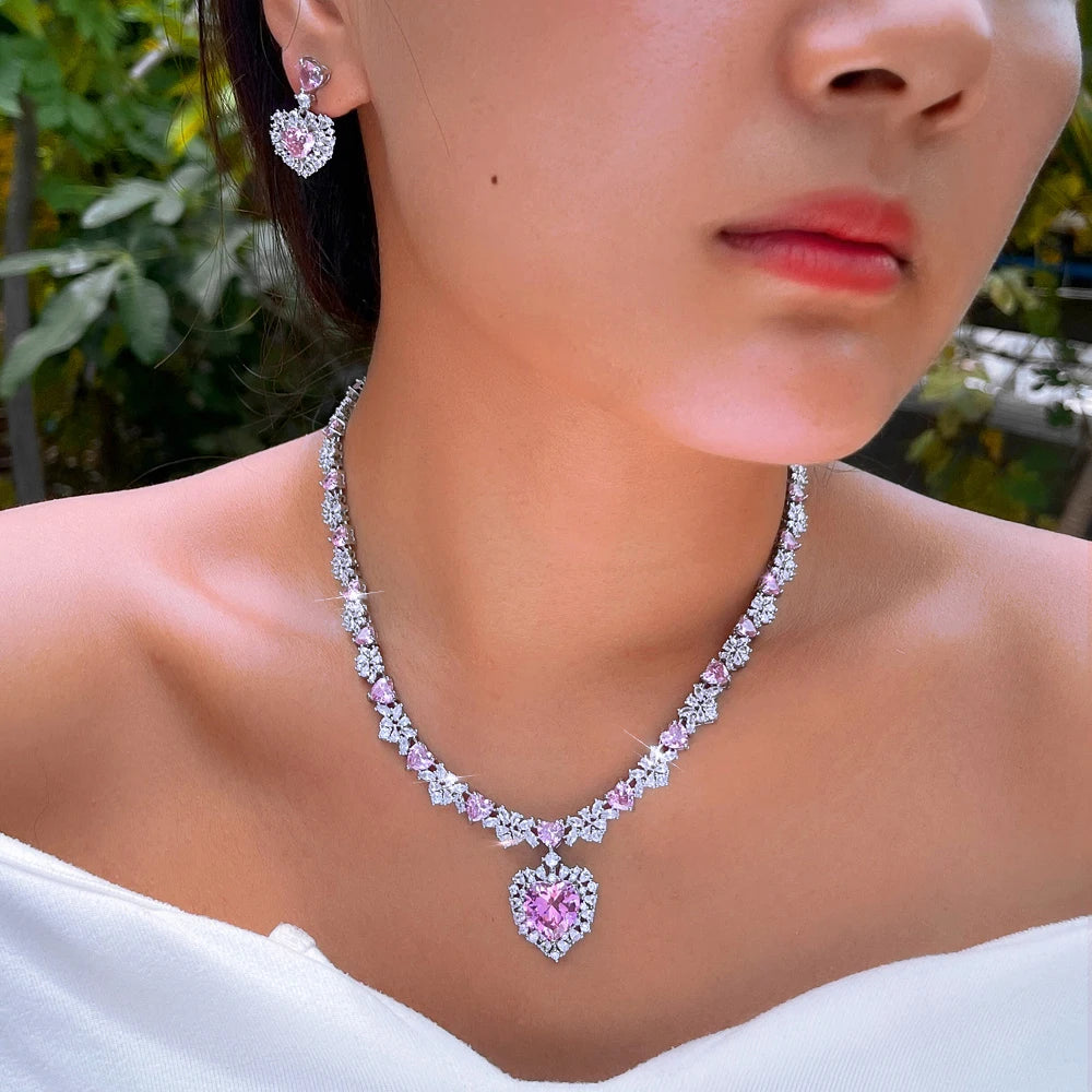 Delicate Sparkling Pink White Cubic Zirconia Bridal Wedding Party Love Heart Earrings and Necklace Jewelry Set for Women