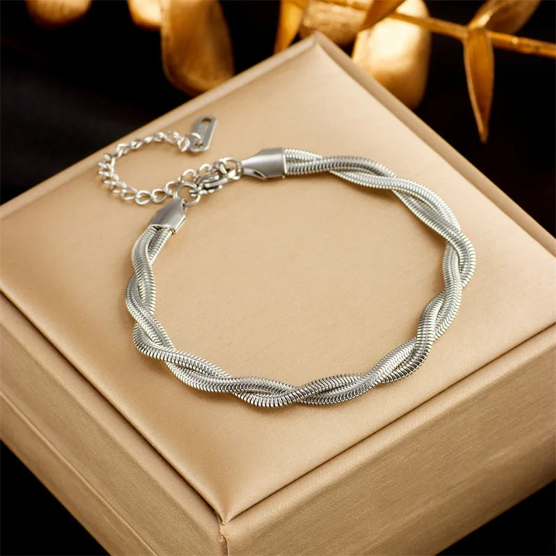 Silver Stainless Steel Twist Chain Necklace & Bracelet Jewellery Set | Waterproof Luxury Fashion Set