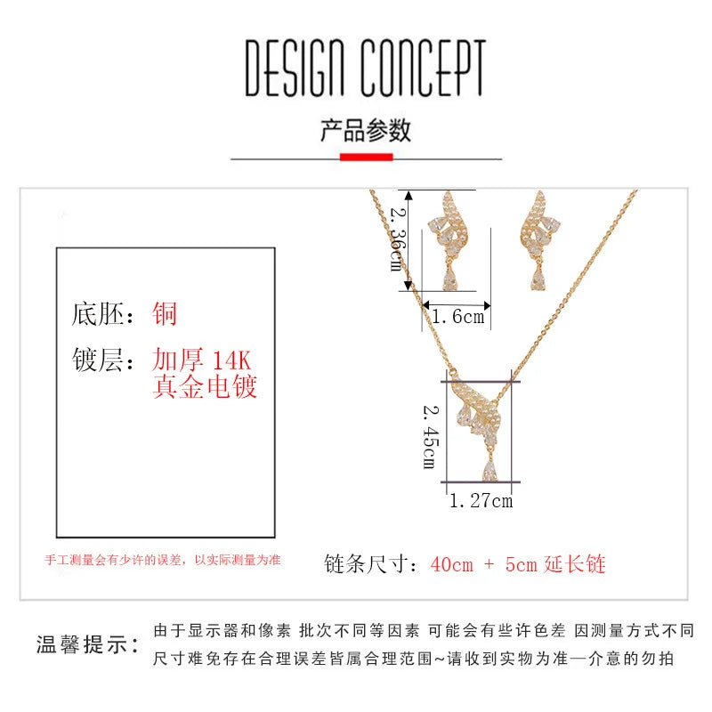 High Quality Fashion Luxury Teardrop Zircon Necklace and Earrings Set Classic Real Gold Plated Jewelry Set for Women