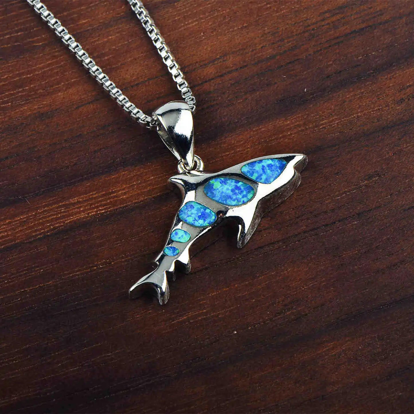 European & American Fashion Trendy Silver Plated Copper Shark Pendant Necklace Blue Opal Ocean-Inspired Sweater Chain for Women