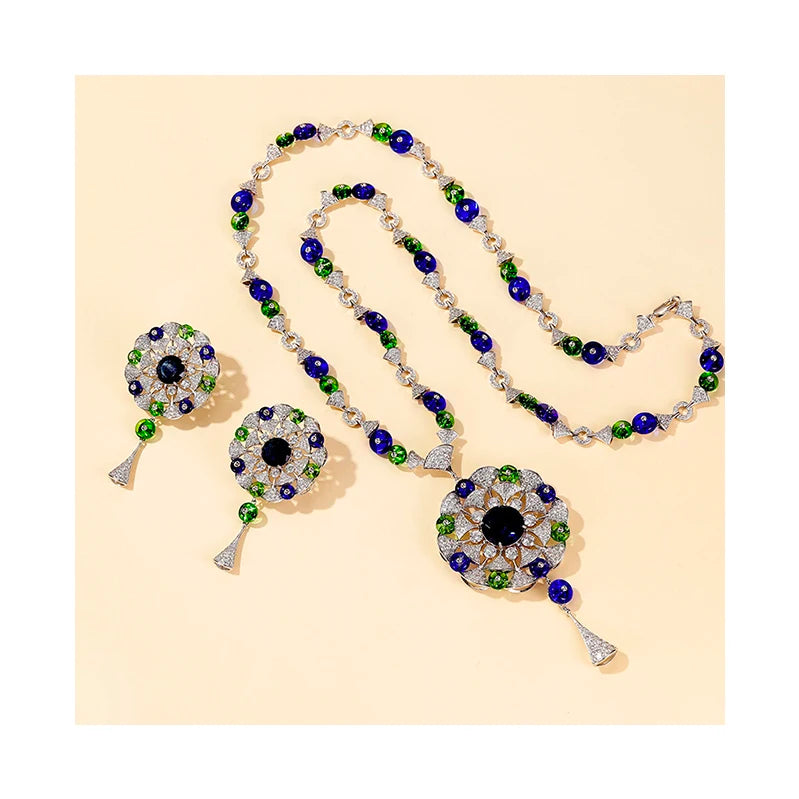 Middle Eastern Luxury Big Flower Pendant Tassel Sweater Chain Necklace & Earrings Set — Rhodium Plated