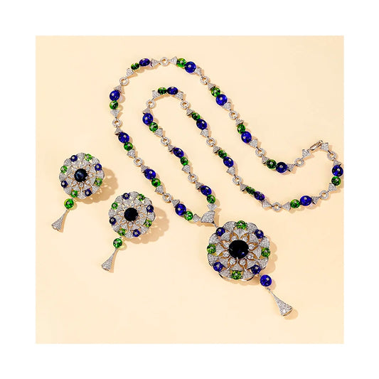 Middle Eastern Luxury Big Flower Pendant Tassel Sweater Chain Necklace & Earrings Set — Rhodium Plated