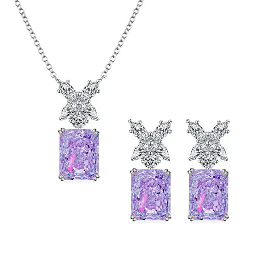 S&S 925 Silver Purple CZ Iced Out Necklace & Earrings Set – Radiant Cut – Rhodium Plated – Collection