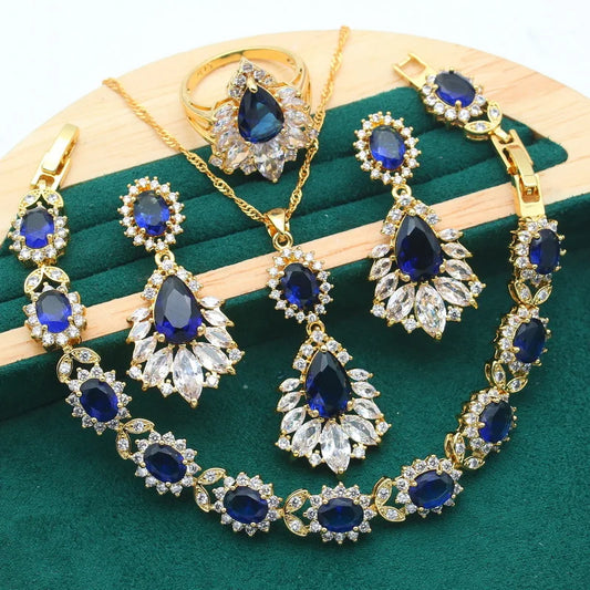 Yellow Gold Plated Jewelry Set Women Wedding Sapphire Water Drop Trendy Blue White Crystal Claw Setting Bracelet Earrings