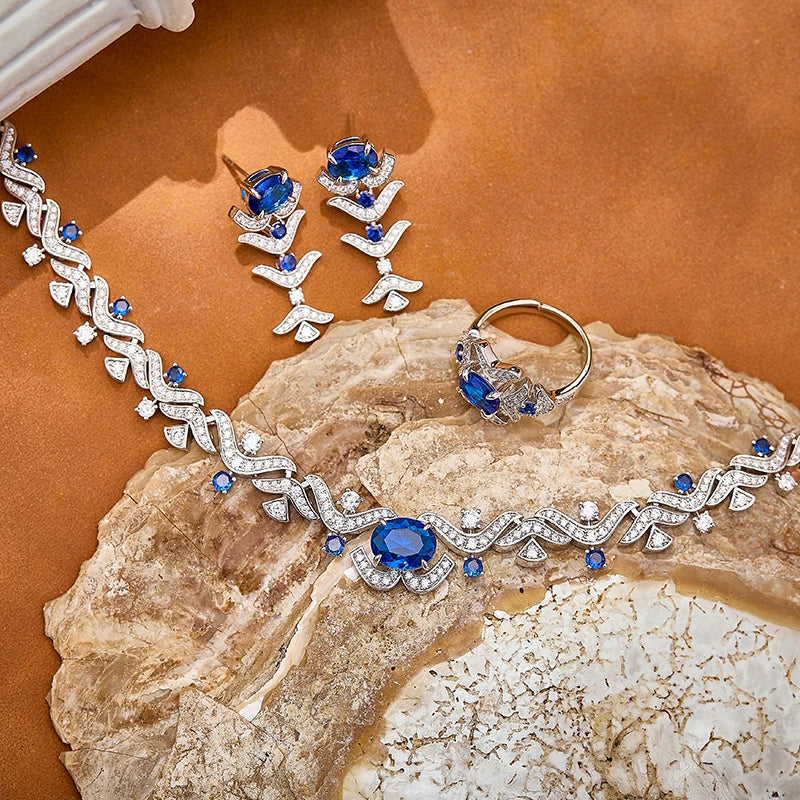 Cornflower Blue Zircon Retro Vine Branch Leaf Necklace Earrings Ring Bracelet 4-piece Brass Set Jewelry Sexy Women's Gift