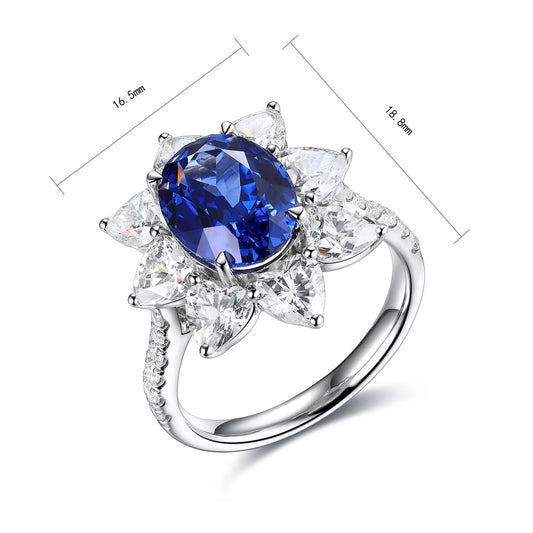 Gemfiori S925 Silver Cultivated Sapphire Ring Main Stone: 3.95CT Side Stones:5.37CT Weight: 4.95g