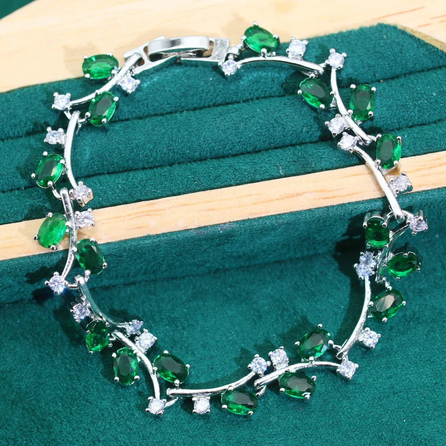 XOTICA 2024 New Classic Green Zircon 925 Silver Jewelry Set for Women Wedding Bracelet Earrings Necklace Pendant Ring Engagement