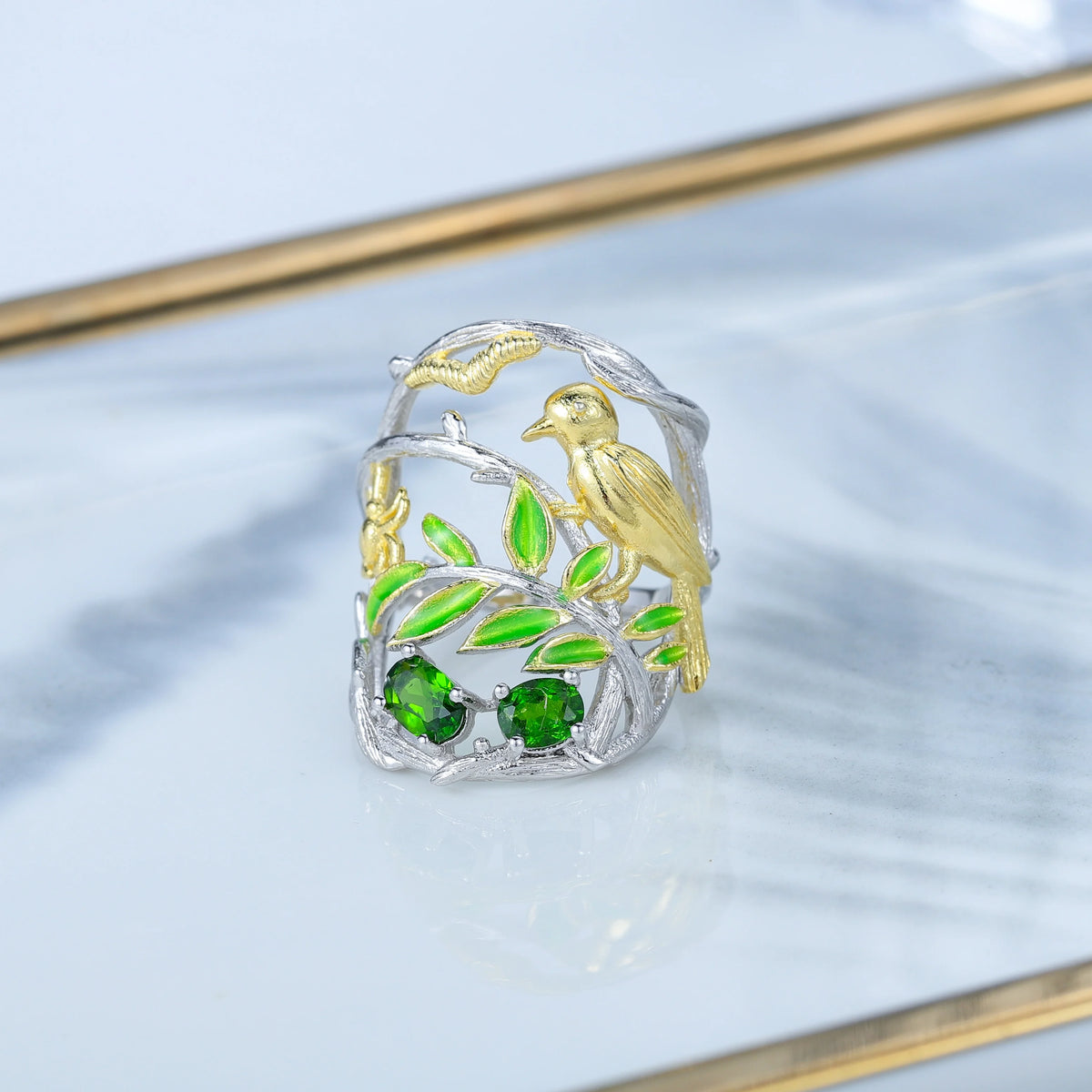 ArtistA C7926 Abiding Green Gemstone Chrome Diopside Gemstone S925 Silver Necklace Earrings Ring Full Set Jewelry