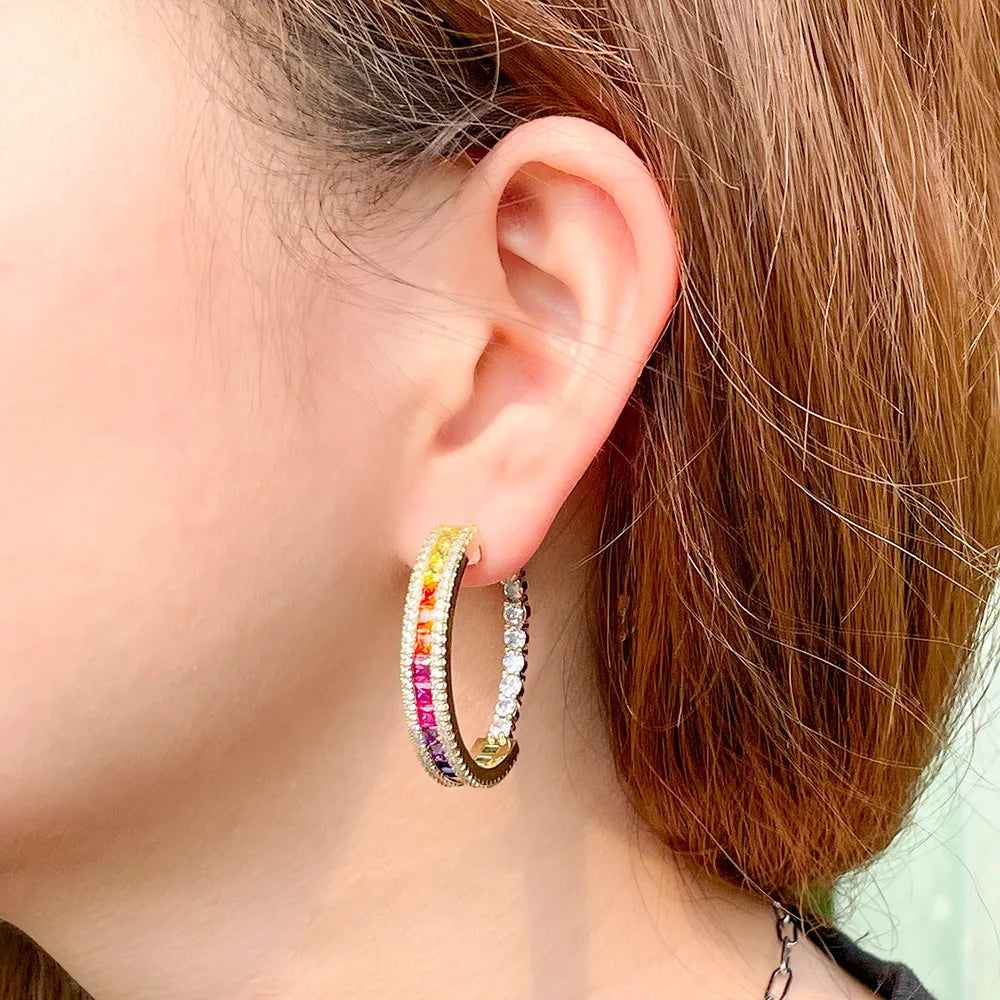S&S Rainbow CZ Round Hoop Earrings – Princess Cut – 18K Gold Plated – Collection