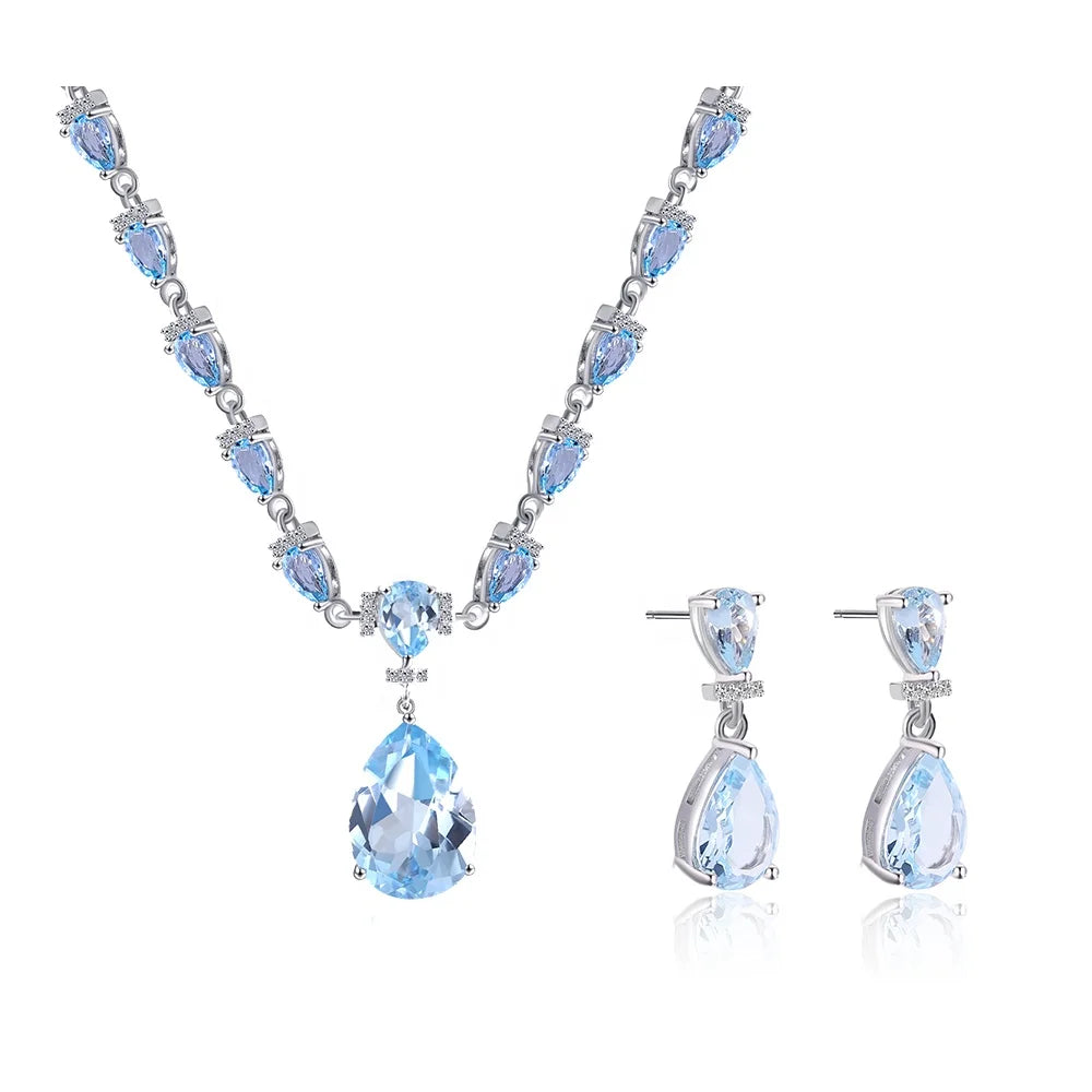 ArtistA C7788 Abiding High End Designer Style Luxury 925 Sterling Silver Natural Sky Blue Topaz Necklace Earrings Jewelry Sets