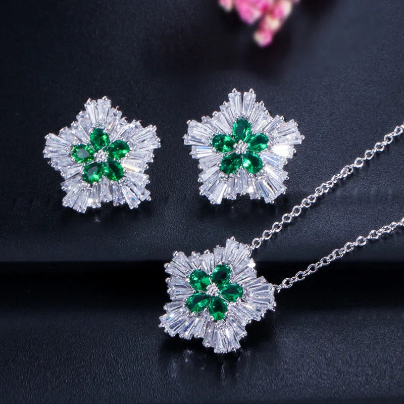 S&S CZ Snow Flower Pendant Necklace & Stud Earrings Set – White Gold – 4 Colours – Collection