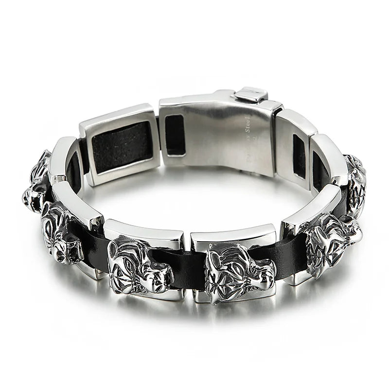 REBEL Punk Fine Jewelry Fashion Bracelets Stainless Steel Leather Tiger Charm Links Bracelet
