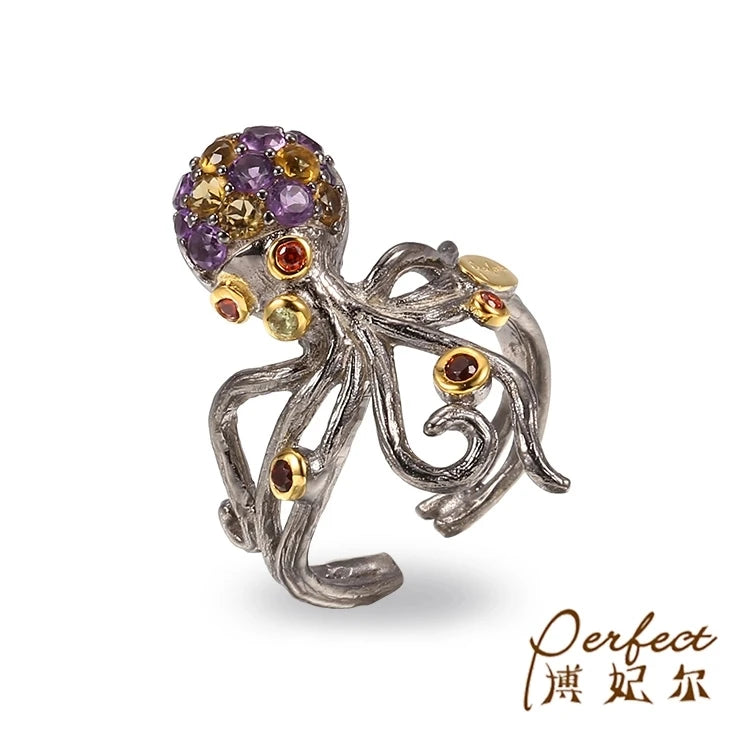 Cute Octopus 925 Sterling Silver Colour Gemstone Ring with Gold Plated