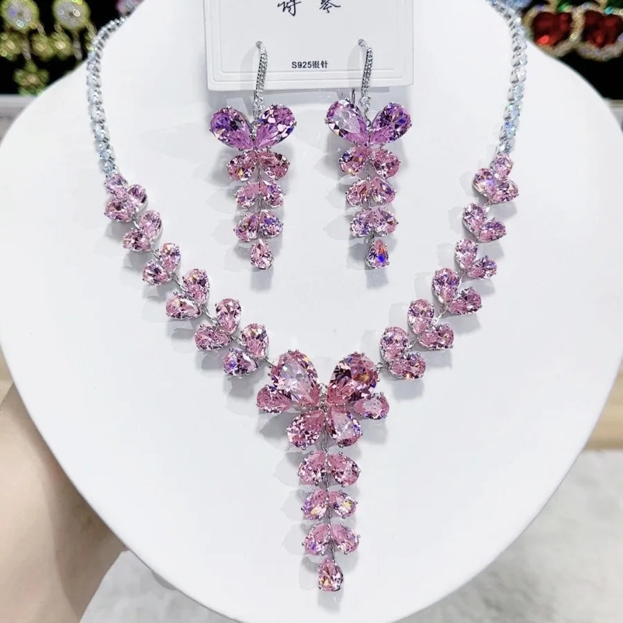 K040 Top Quality Trendy Luxury Exquisite Zircon Butterfly Necklace Earrings Set Women Elegant Jewelry Set for Party