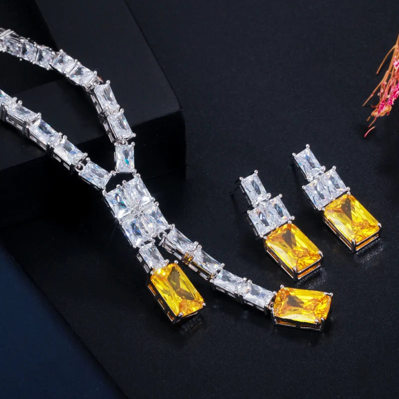 High Quality Shiny White Yellow Cubic Zircon Necklace and Earrings Party Wedding Jewelry Set for Women