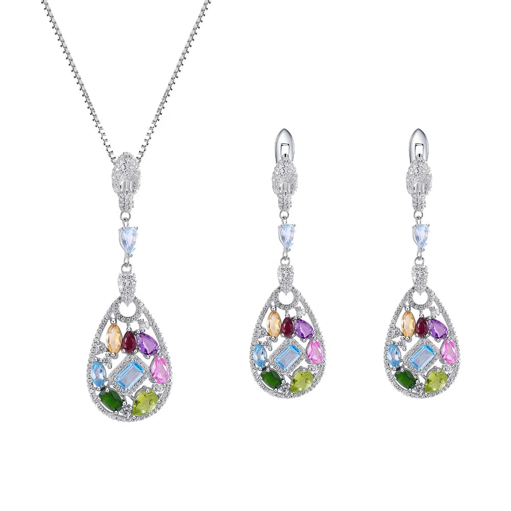 ArtistA C4035 Abding Exquisite Light Luxury Ladies Fine Work Multiple Color Gemstones Real Sterling Silver 925 Women Jewellery Set
