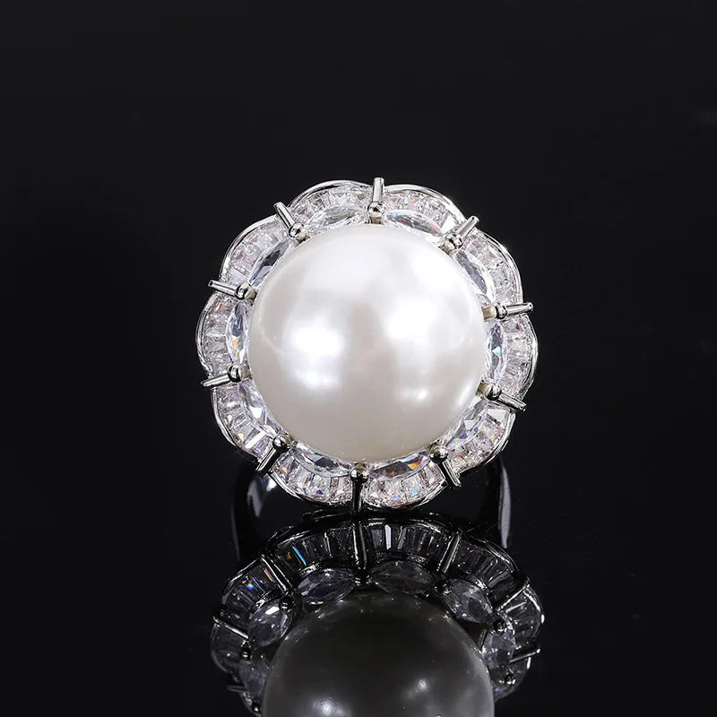 Fashion Eco-friendly Copper 16MM/12mm White Shell Pearl Handmade Bridal Pendant Earrings Ring Set Pearl Jewelry Sets for Brides