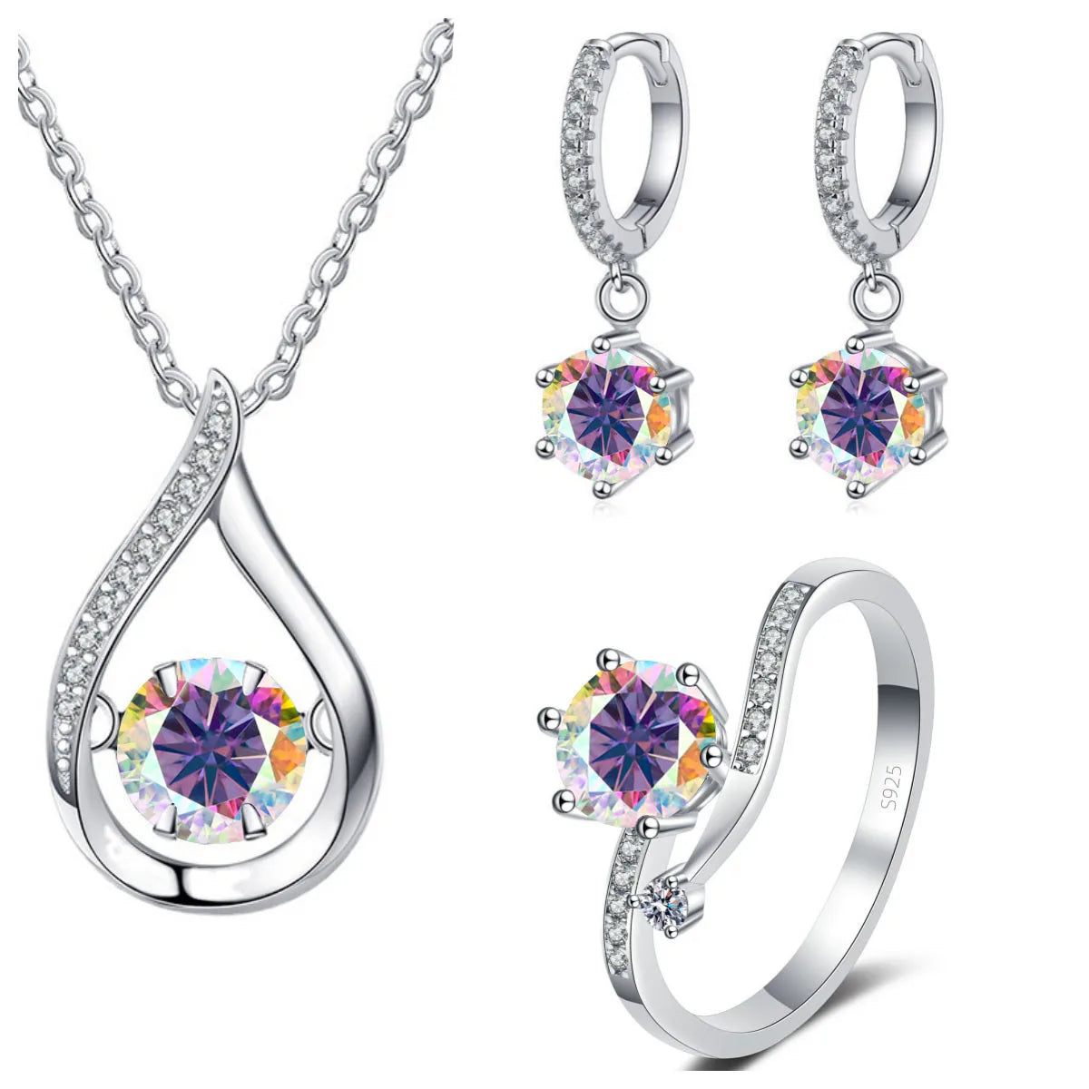 S&S 925 Silver 1CT VVS Moissanite Jewellery Set | Water Drop Necklace, Earrings & Ring | 20 Colours