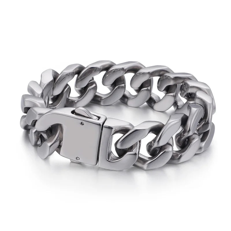 KALEN Stainless Steel Silver Chunky Cuban Chain Bracelet Vintage for Men