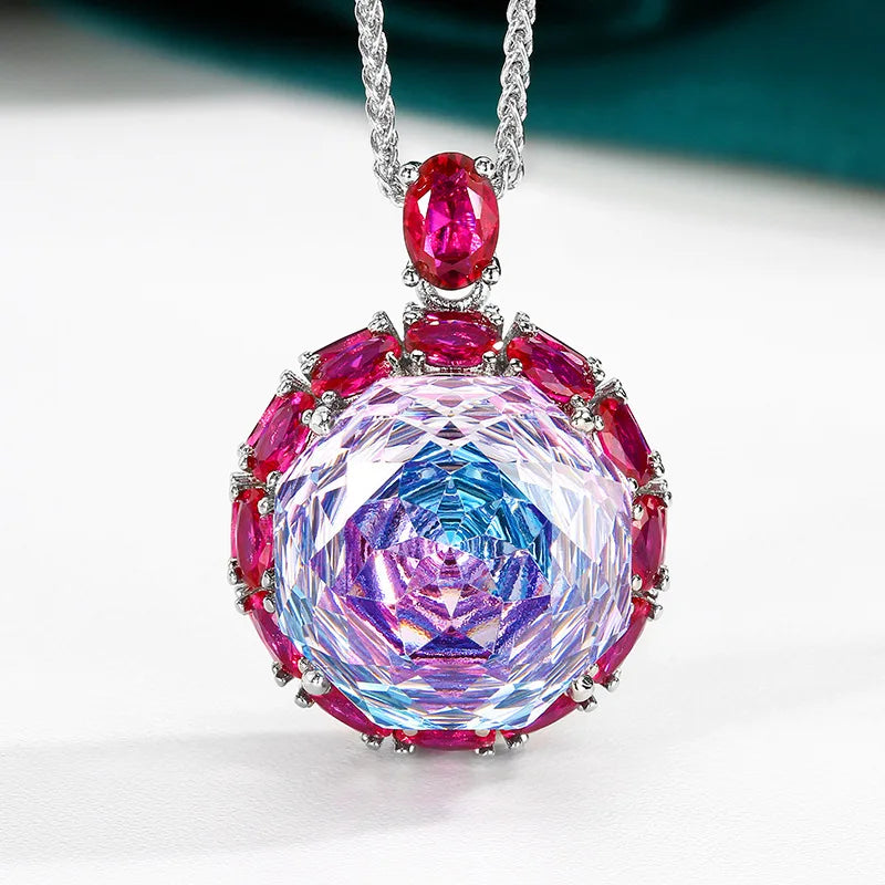 Gemfiori Elegant Colorful Zircon Luxury Jewelry Fashion Necklace Ring Accessories European Rose Pendant Ring Set