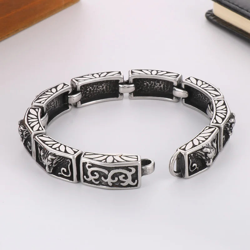 KALEN 215mm Men Punk Stainless Steel Rectangular Links Bracelet With Wolf Head Patterns