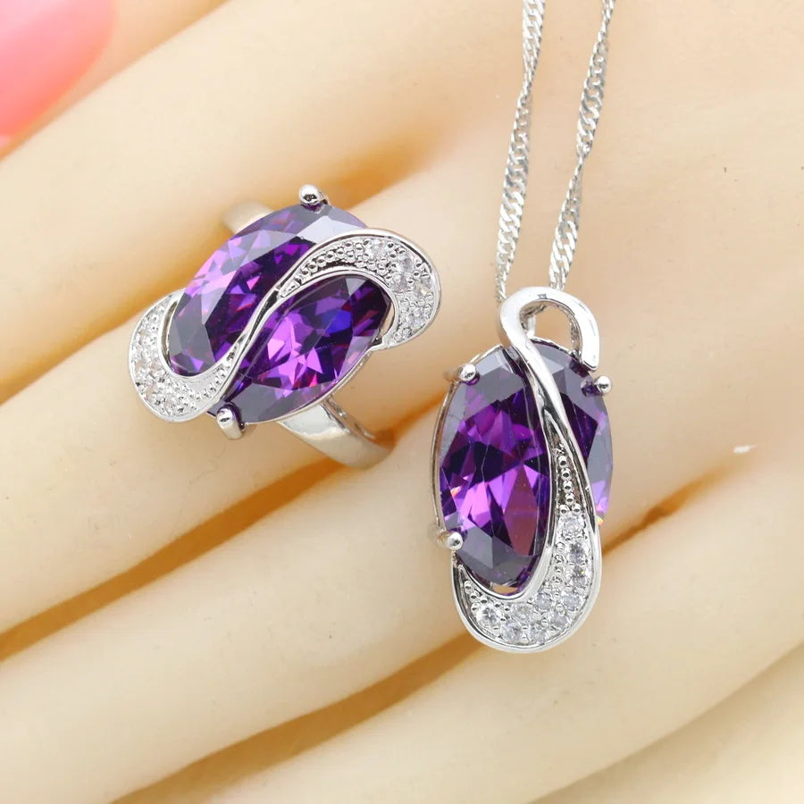 XOTICA Purple Crystal 925 Sterling Silver Jewelry Set Luxury Design Wedding Earrings Bracelet Rings Necklace Pendant Set