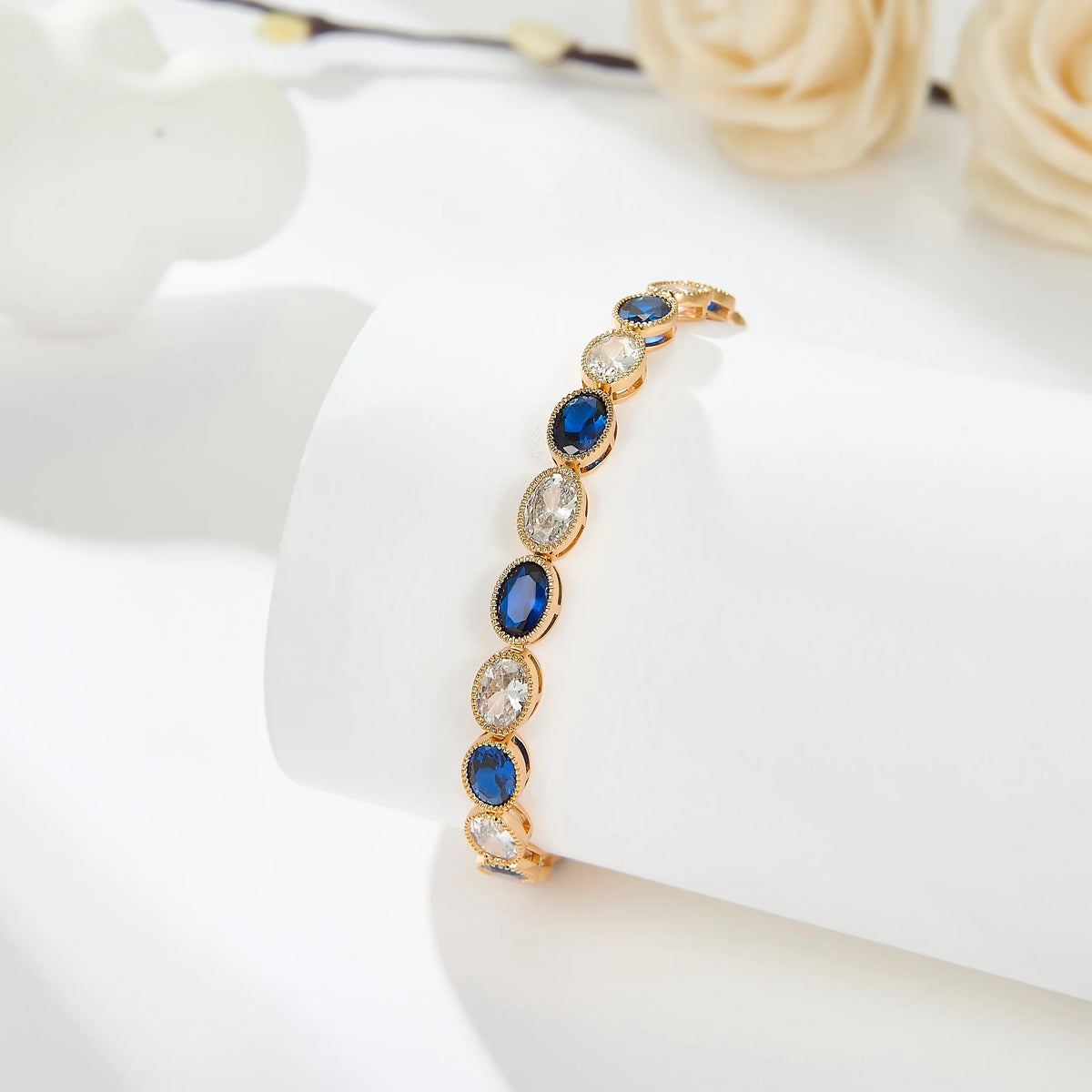 Romantic 14K Gold Plated Women's Tennis Bracelet Elegant Oval Shaped Zirconia Copper Chains Fashion Bracelets Bangles Jewelry