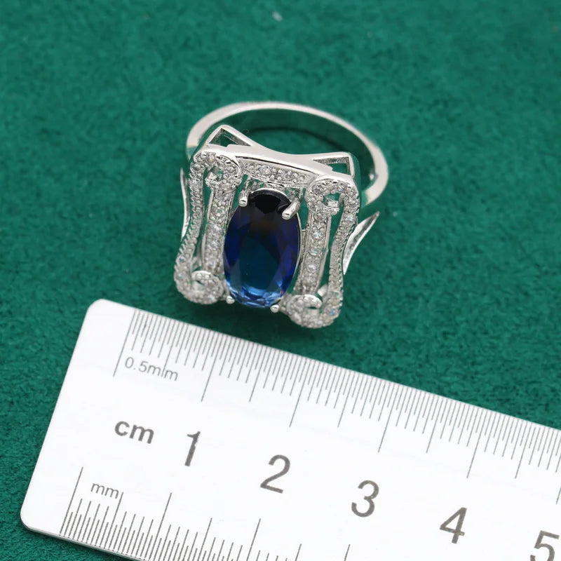 Luxury Fine Jewelry Silver Ring Custom Zircon with Blue Crystal for Wedding Women's Party Engagement Anniversary-Wholesale