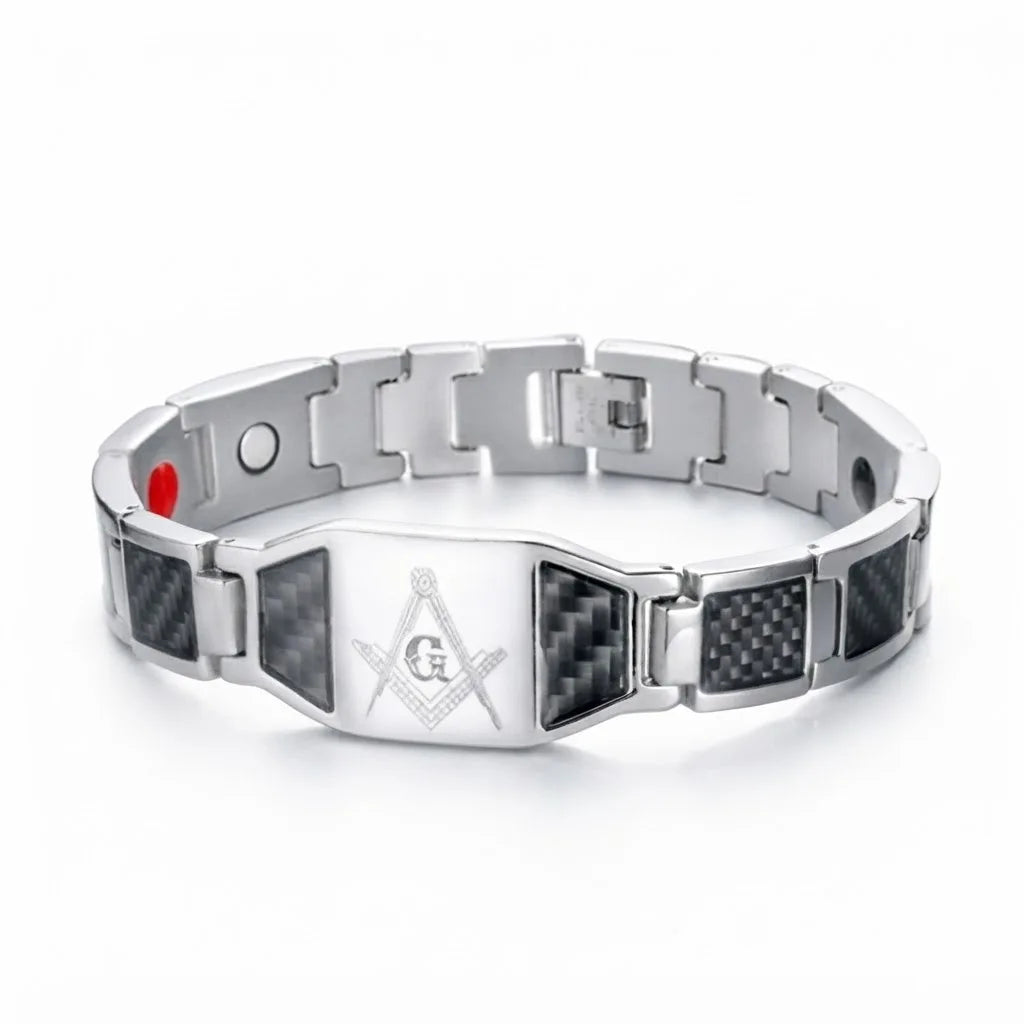 REBEL Black Stainless Steel Magnetic Therapy Link Bracelet with Carbon Fiber Inlay and Masonic Square & Compass Engraved Plate for Men