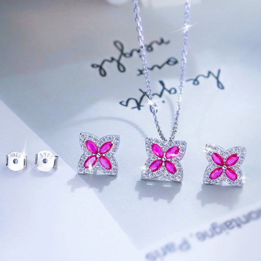 S&S 925 Sterling Silver Hot Pink Four-Leaf Clover CZ Jewellery Set – Necklace & Earrings – Collection
