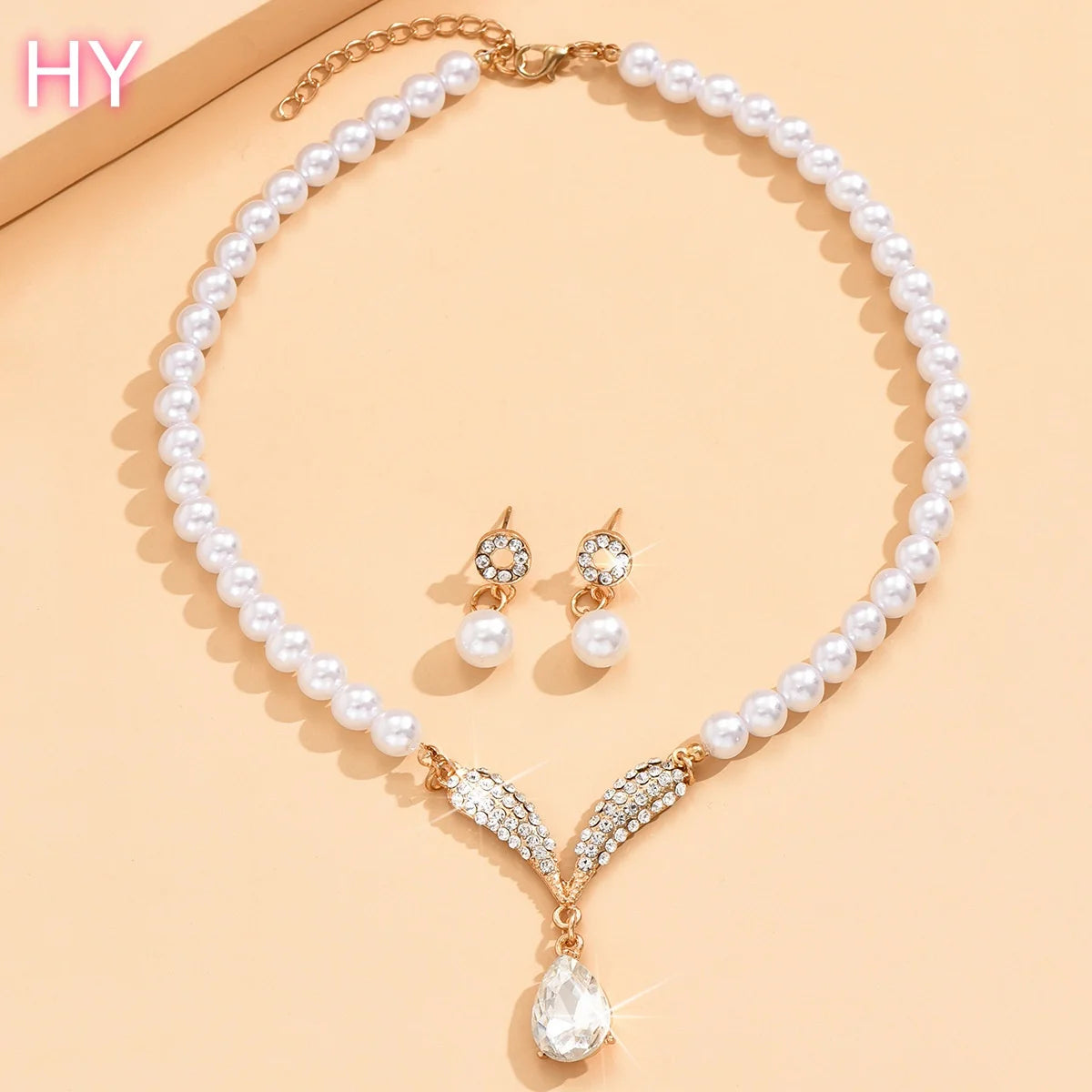HY  Factory Wholesale Custom Korean Version Imitation Pearl Necklace Earrings] Bridal Accessory Temperament Two-piece Set