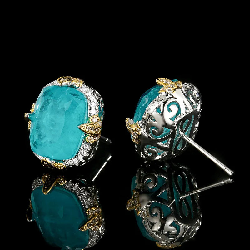 REDheart Women's Copper Inlaid Zircon Plated Two-Color Open Ring Copper Base Gold-Plated Imitation Paraiba Blue Wedding Party Set