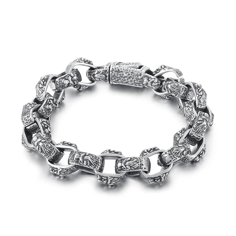 KALEN 220mm Men Punk Stainless Steel Lion Head Patterns Oval Links Bracelet
