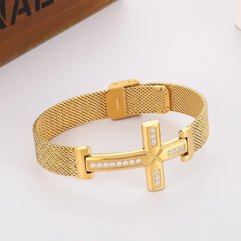 KALEN 230mm Unisex Gold/Silver Color Stainless Steel&Rhinestones Bracelet With Religious Cross Charm