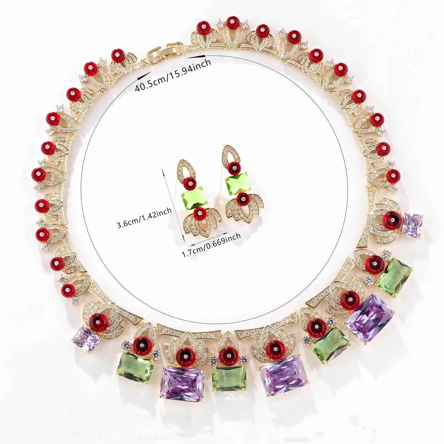 Luxury Colourful Zirconia Vintage Flower Necklace & Earrings Set — Multi, White & Blue