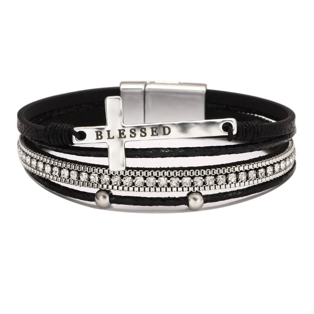FASHIONISTA Women's Bohemian Cross Charm Bracelet Alloy Micro Diamond Channel Set Magnetic Buckle Customizable Light Luxury Okp