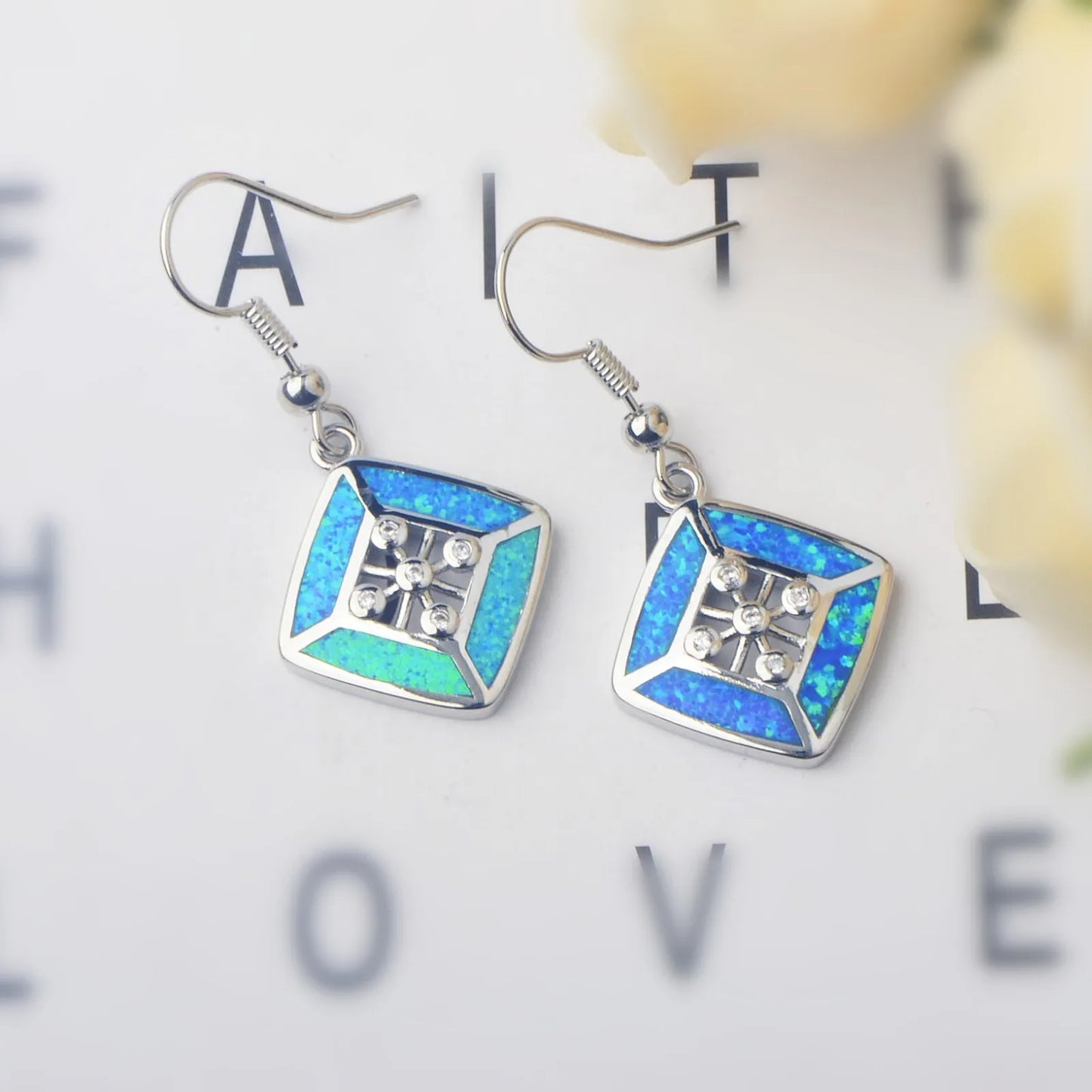 TikTok Ins Western Style Christian Geometric Blue Rhombus Opal Pendant Earrings Silver Plated Bohemian Women's Jewelry
