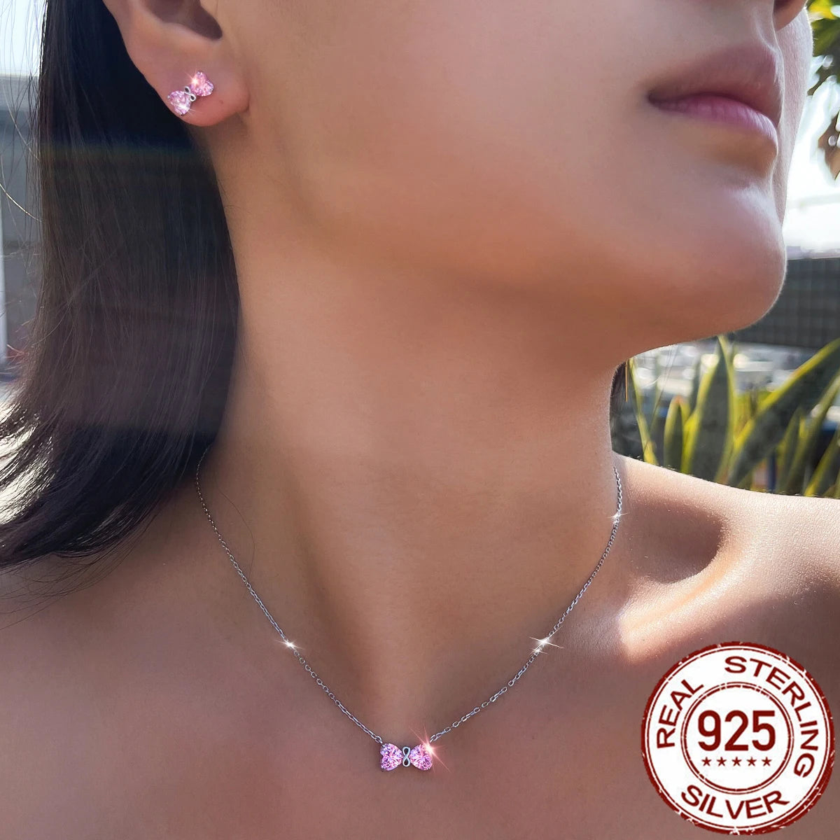 Beauty CZ Jewelry Set Pink Double Heart Zirconia Bow Pendant Necklace Earrings Jewelry Set for Women 925 Sterling Silver Jewelry
