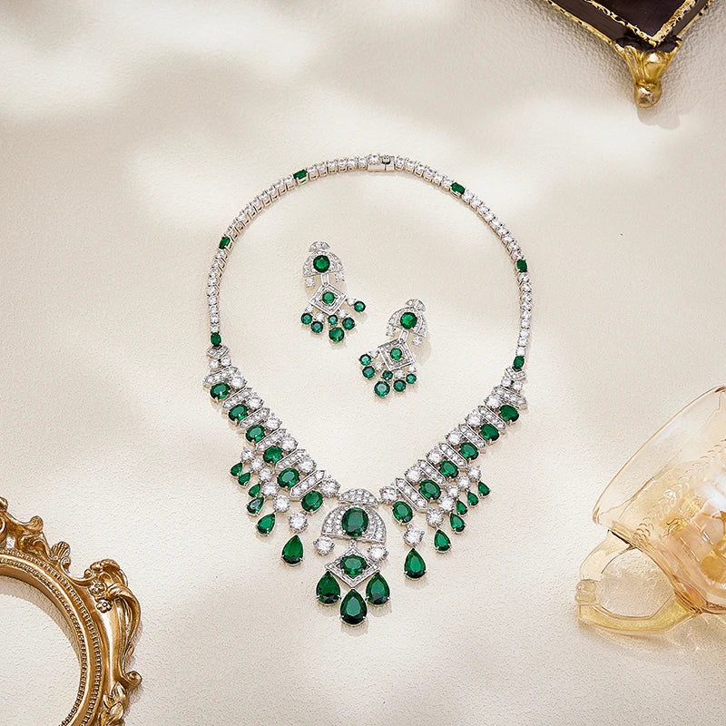 Bridal Wedding High-end Jewelry Necklace Earring Set Heavy Craftsmanship Shining Pear Shaped Zirconia Banquet Accessories