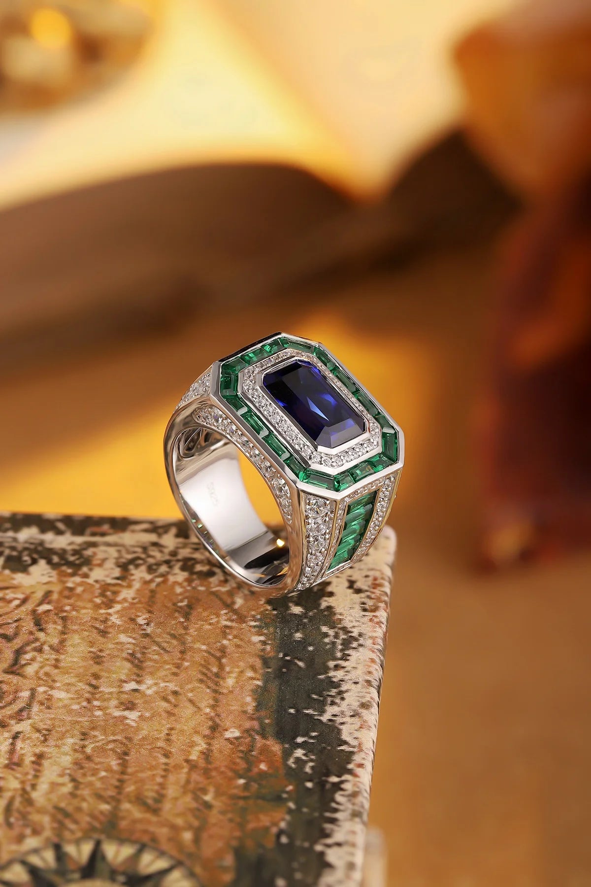 Gemfiori Anster Classic Men's Ring Lab Grown Emerald Sapphire Gemstone Rings 925 Sterling Silver for Gift Party Engagement Anniversary