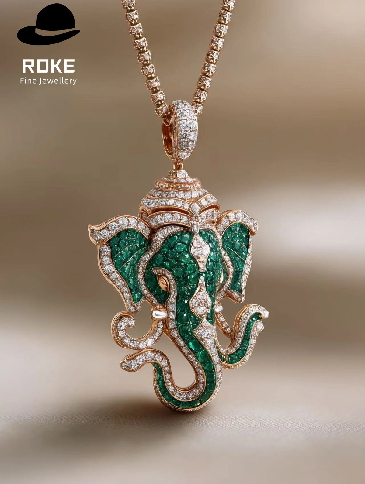 Luxury Ganesha Pendant 9K-18K Gold W/ Tsavorite & Lab Diamonds - IGI Certified Cultural Jewelry