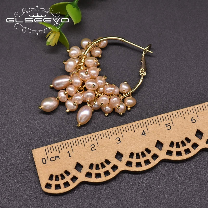 Natural Freshwater Pearl Pink Hoop Earrings Gifts for Women Girl Weddings Round Fashion Handmade Jewelry