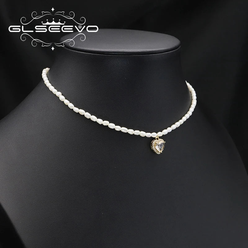 Natural Freshwater Pearl Zircon love Pendant Necklace Gold-plated White Simple Fashion Fine Jewelry Necklace for Girlfriend Gift