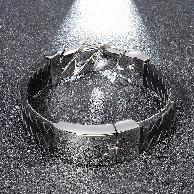 REBEL Vintage Mens Fashion Bracelets Bangles Stainless Steel Cuban Links Leather Bracelet Bangle