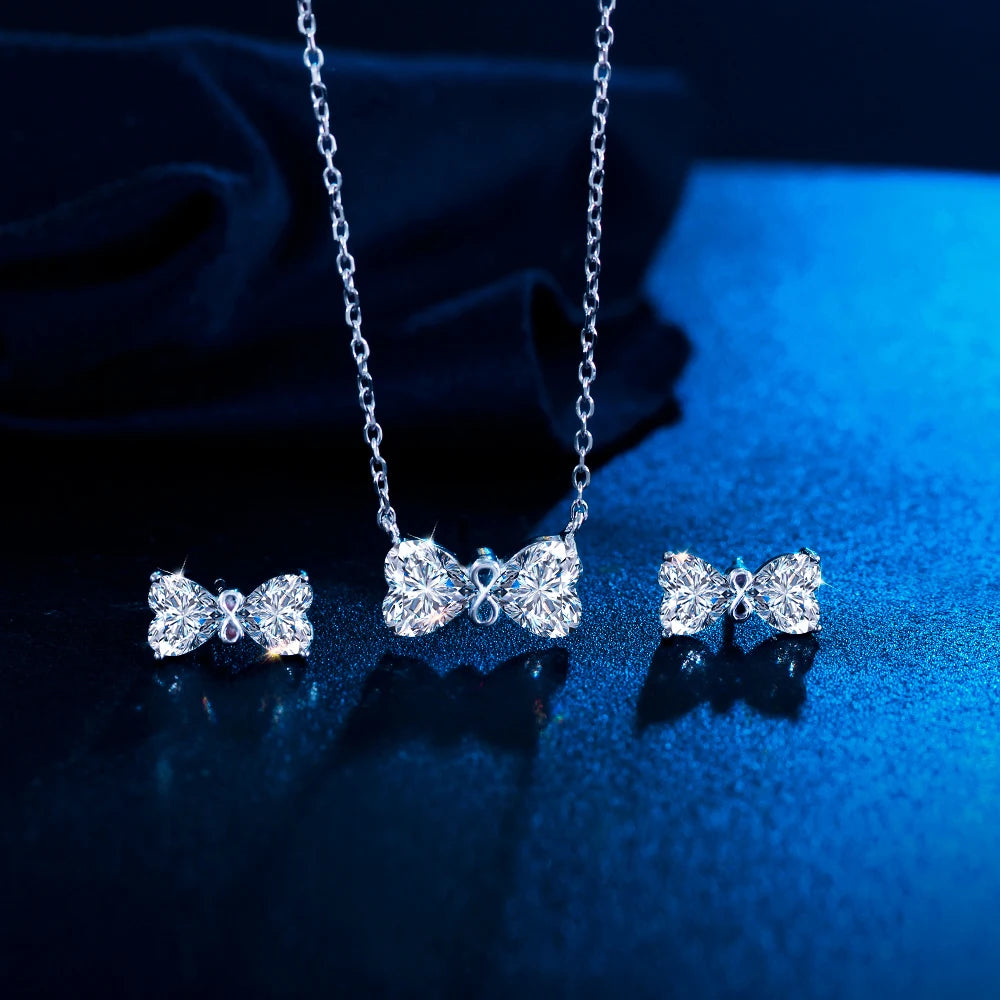 Fine Jewelry 925 Sterling Silver Shiny White Heart CZ Cubic Zirconia Bowknot Shape Jewelry Set for Women Girls Daily Wear Gifts