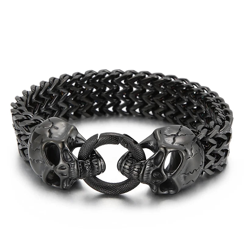 KALEN 235mm Punk Mens Stainless Steel Skull Herringbone Chain Link Bracelets