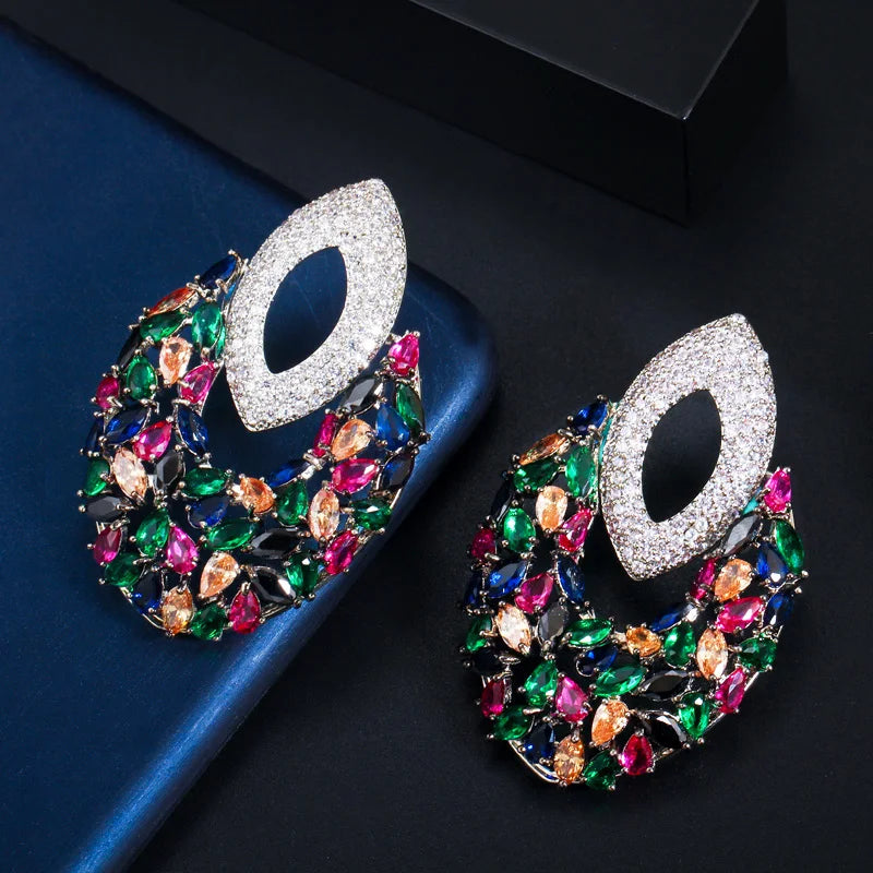 Unique Fancy Multi Color Cubic Zirconia Long Drop Big Luxury Party Earrings for Women Fashion Designer Bridal Wedding Jewelry